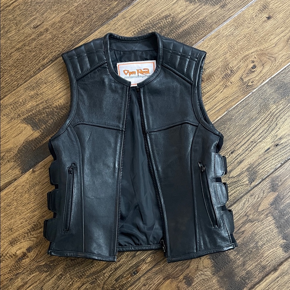 Open road Black Leather Vest with Side Straps
